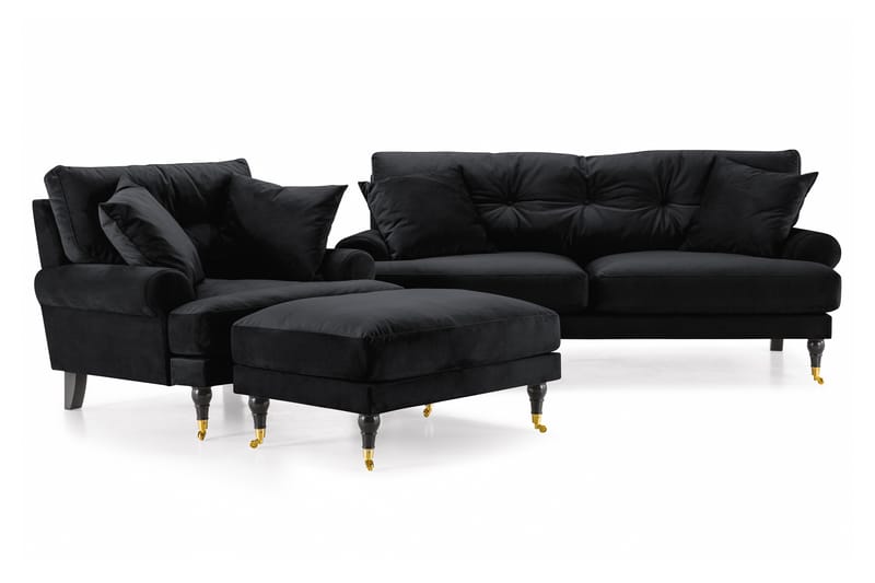 Andrew Soffgrupp 2-sits Soffa + Fåtölj + Fotpall i Sammet - Svart - Möbler - Soffa - Soffgrupp - Howard soffgrupp
