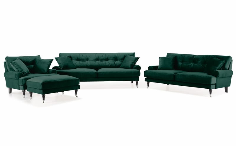 Andrew Soffgrupp 3-sits + 2-sits Soffa + Fåtölj + Fotpall i Sammet - Grön - Möbler - Soffa - Soffgrupp - Howard soffgrupp