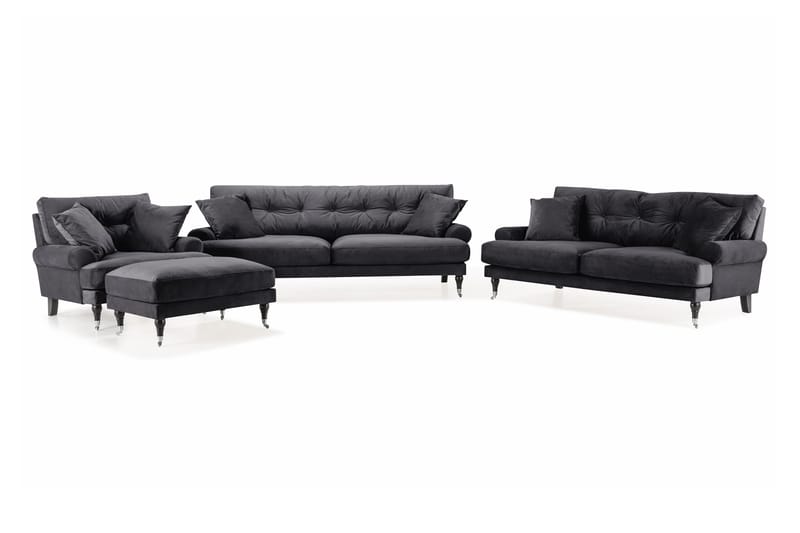 Andrew Soffgrupp 3-sits + 2-sits Soffa + Fåtölj + Fotpall i Sammet - Mörkgrå - Möbler - Soffa - Soffgrupp - Howard soffgrupp