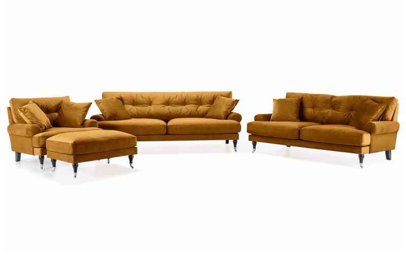 Andrew Soffgrupp 3-sits + 2-sits Soffa + Fåtölj + Fotpall i Sammet - Mörkgul - Möbler - Soffa - Soffgrupp - Howard soffgrupp