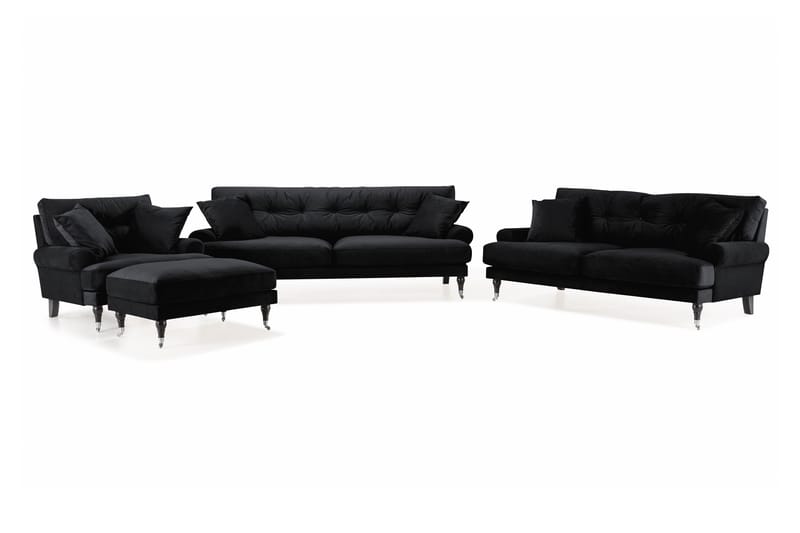 Andrew Soffgrupp 3-sits + 2-sits Soffa + Fåtölj + Fotpall i Sammet - Svart - Möbler - Soffa - Soffgrupp - Howard soffgrupp