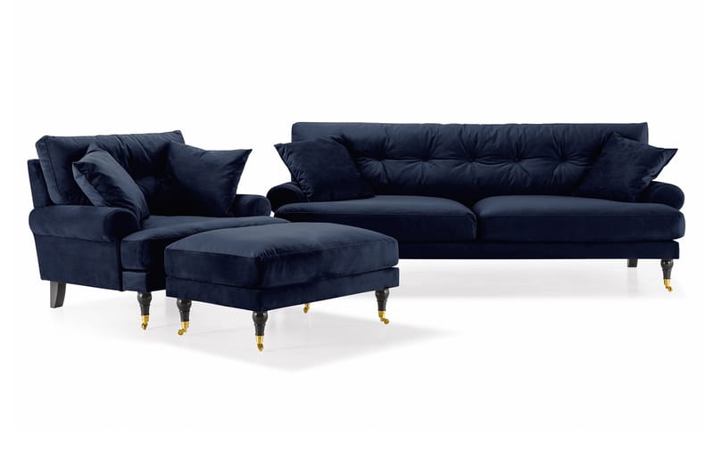 Andrew Soffgrupp 3-sits Soffa + Fåtölj + Fotpall i Sammet - Blå - Möbler - Soffa - Soffgrupp - Howard soffgrupp