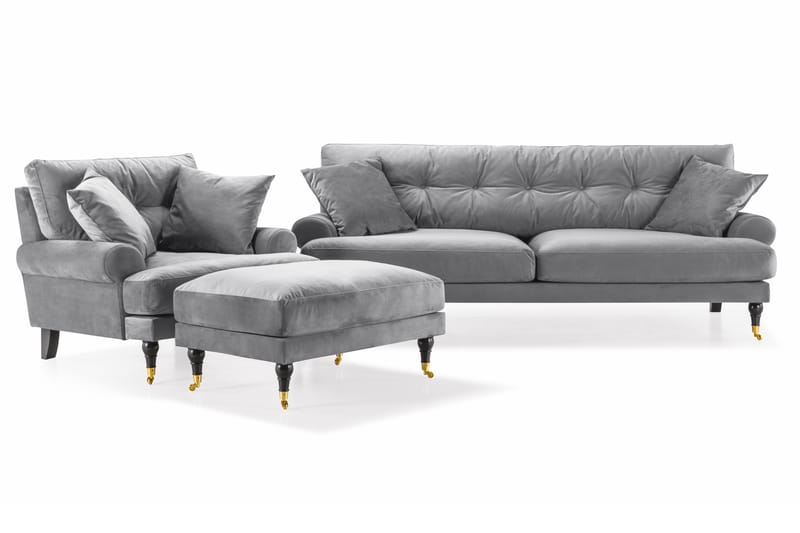 Andrew Soffgrupp 3-sits Soffa + Fåtölj + Fotpall i Sammet - Ljusgrå - Möbler - Soffa - Soffgrupp - Howard soffgrupp