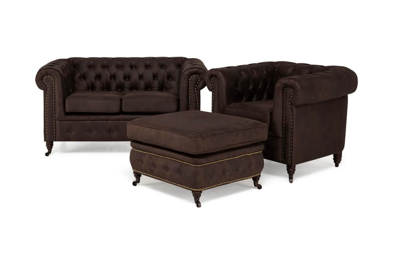 Chesterfield Deluxe Soffgrupp 2-sits+Fåtölj+Fotpall - Mörkbrun - Howard soffgrupp