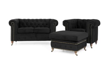 Chesterfield Deluxe Soffgrupp 2-sits+Fåtölj+Fotpall Sammet