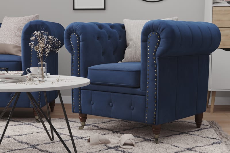 Chesterfield Deluxe Soffgrupp 2-sits+Fåtölj+Fotpall Sammet - Petrolblå - Möbler - Soffa - Soffgrupp - Howard soffgrupp