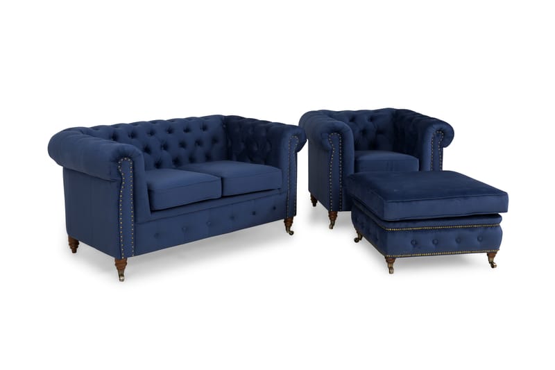 Chesterfield Deluxe Soffgrupp 2-sits+Fåtölj+Fotpall Sammet - Petrolblå - Möbler - Soffa - Soffgrupp - Howard soffgrupp