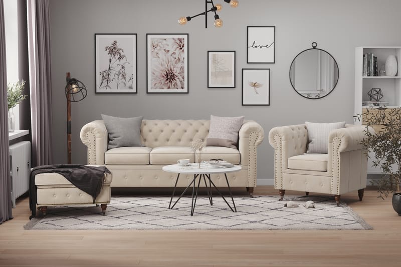 Chesterfield Deluxe Soffgrupp 3-sits+Fåtölj+Fotpall Sammet - Beige - Möbler - Soffa - Soffgrupp - Howard soffgrupp