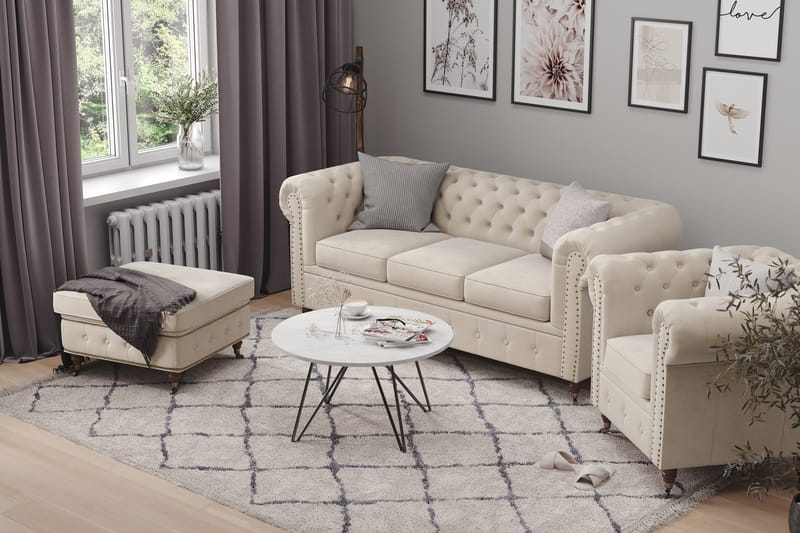 Chesterfield Deluxe Soffgrupp 3-sits+Fåtölj+Fotpall Sammet - Beige - Möbler - Soffa - Soffgrupp - Howard soffgrupp