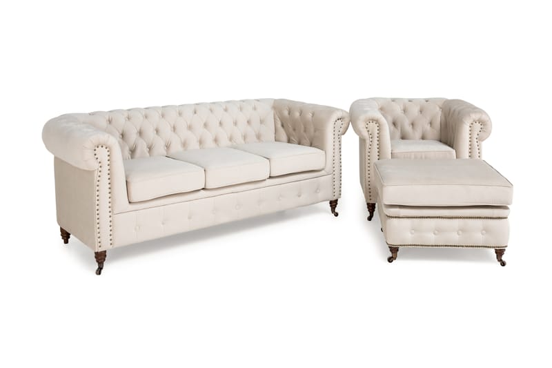 Chesterfield Deluxe Soffgrupp 3-sits+Fåtölj+Fotpall Sammet - Beige - Möbler - Soffa - Soffgrupp - Howard soffgrupp