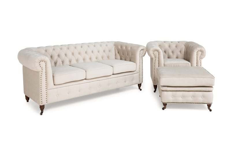 Chesterfield Deluxe Soffgrupp 3-sits+Fåtölj+Fotpall Sammet - Beige - Howard soffgrupp