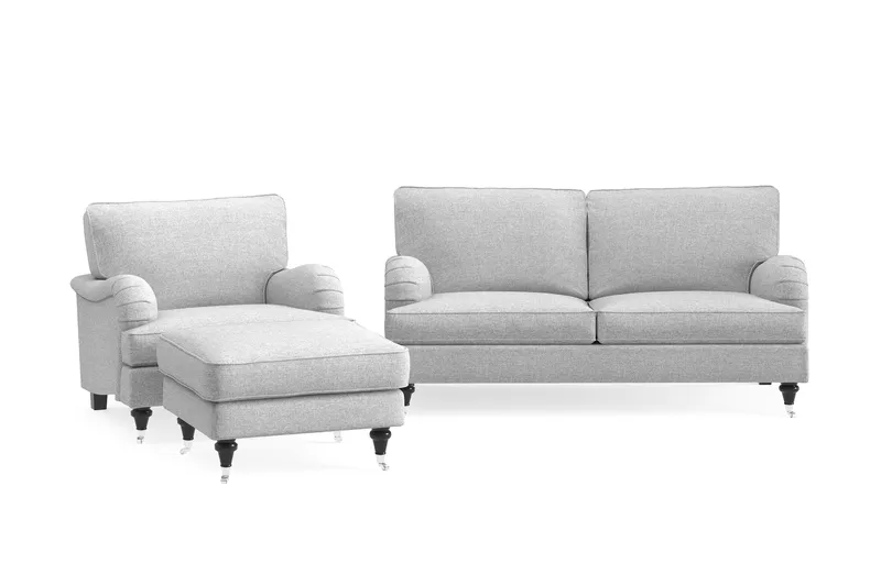 Howard Classic Soffgrupp 2-sits Soffa + Fåtölj + Fotpall i Tyg, Grå