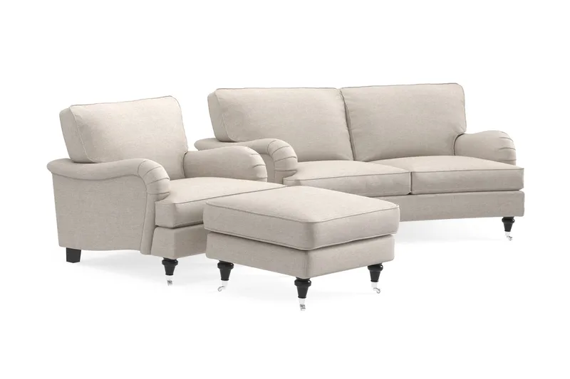 Howard Classic Soffgrupp 2-sits Svängd Soffa + Fåtölj + Fotpall i Tyg - Beige - Möbler - Soffa - Soffgrupp - Howard soffgrupp