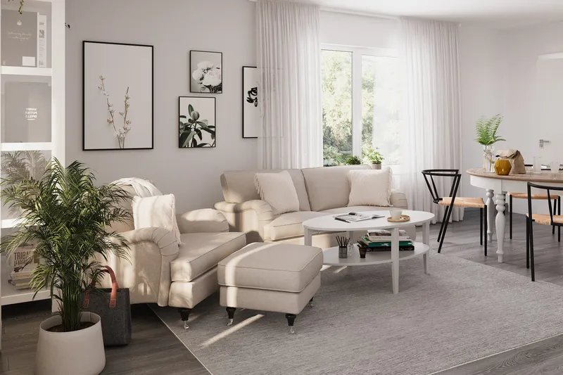 Howard Classic Soffgrupp 2-sits Svängd Soffa + Fåtölj + Fotpall i Tyg - Beige - Möbler - Soffa - Soffgrupp - Howard soffgrupp