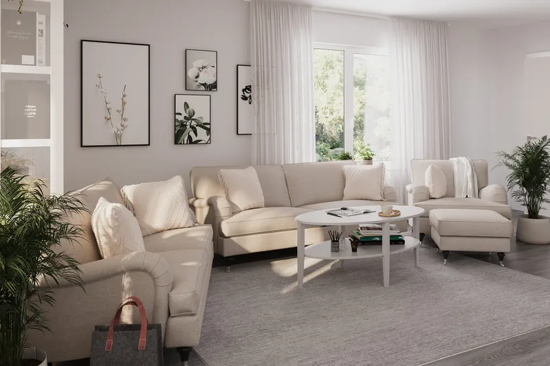 Howard Classic Soffgrupp 3-sits + 2-sits Soffa + Fåtölj + Fotpall i Tyg - Beige - Möbler - Soffa - Soffgrupp - Howard soffgrupp