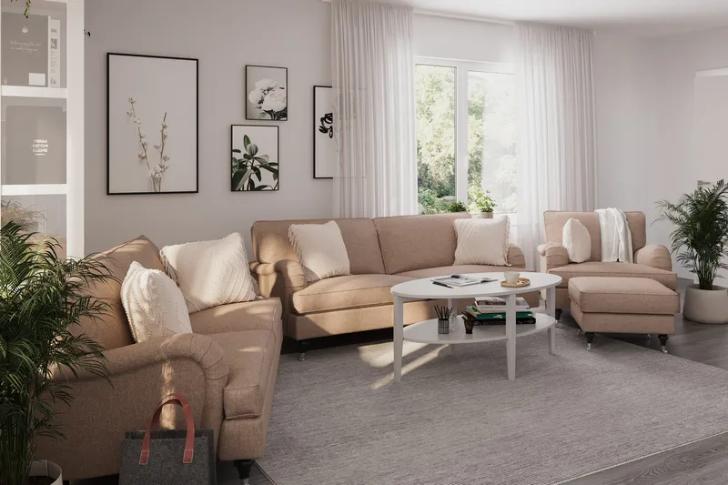 Howard Classic Soffgrupp 3-sits + 2-sits Soffa + Fåtölj + Fotpall i Tyg - Mörkbeige - Möbler - Soffa - Soffgrupp - Howard soffgrupp