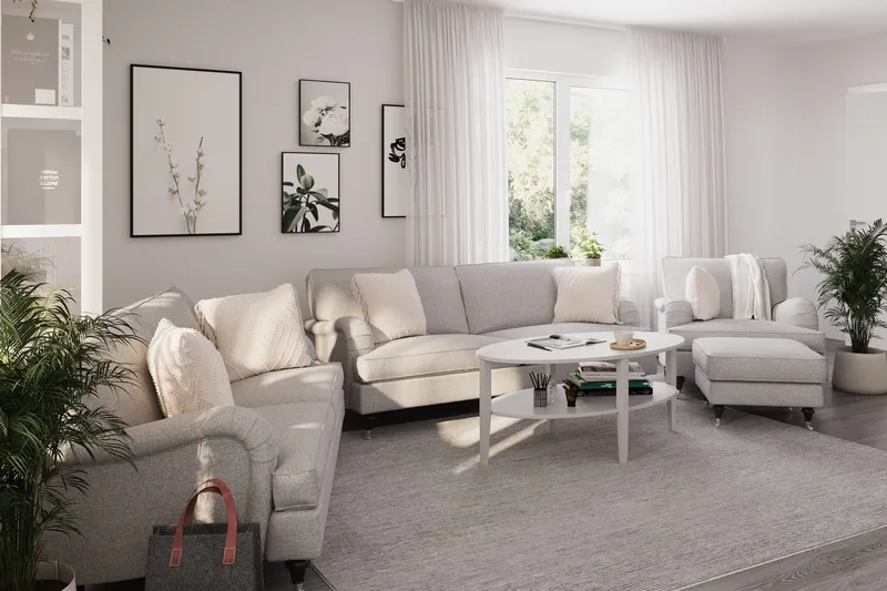 Howard Classic Soffgrupp 3-sits + 2-sits Soffa + Fåtölj + Fotpall i Tyg - Grå - Möbler - Soffa - Soffgrupp - Howard soffgrupp