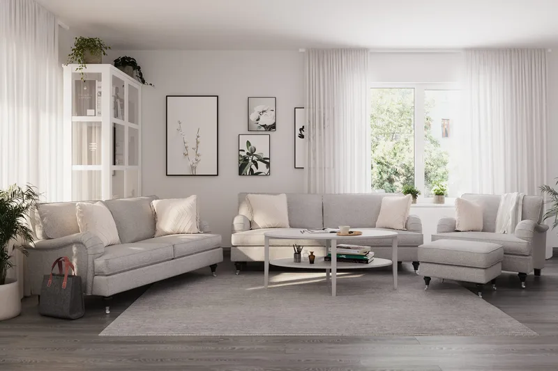 Howard Classic Soffgrupp 3-sits + 2-sits Soffa + Fåtölj + Fotpall i Tyg - Grå - Möbler - Soffa - Soffgrupp - Howard soffgrupp