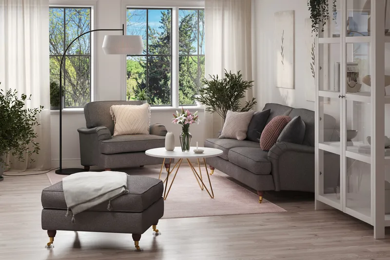 Howard Lyx Soffgrupp 3-sits Soffa + Fåtölj + Fotpall i Tyg - Mörkgrå - Möbler - Soffa - Soffgrupp - Howard soffgrupp