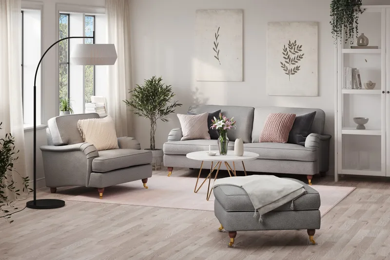 Howard Lyx Soffgrupp 3-sits Soffa + Fåtölj + Fotpall i Tyg - Ljusgrå - Möbler - Soffa - Soffgrupp - Howard soffgrupp