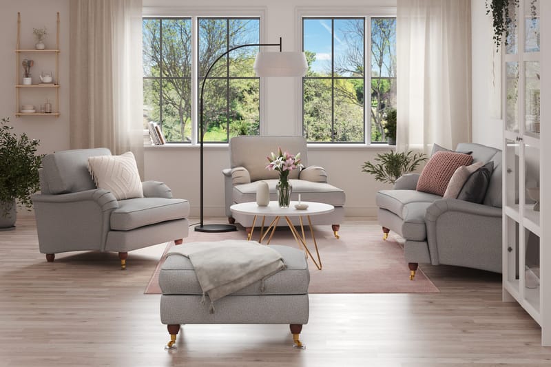 Howard Lyx Soffgrupp 3-sits Svängd Soffa + Divanfåtölj + Fåtölj + Fotpall i Tyg - Ljusgrå - Möbler - Soffa - Soffgrupp - Howard soffgrupp