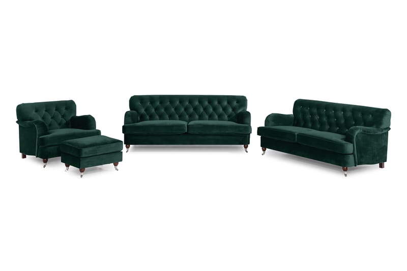 Howard Riviera Soffgrupp 3-sits + 2-sits Soffa + Fåtölj + Fotpall i Sammet - Grön - Möbler - Soffa - Soffgrupp - Howard soffgrupp