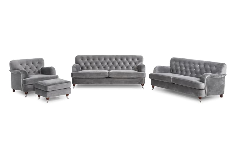 Howard Riviera Soffgrupp 3-sits + 2-sits Soffa + Fåtölj + Fotpall i Sammet - Ljusgrå - Möbler - Soffa - Soffgrupp - Howard soffgrupp