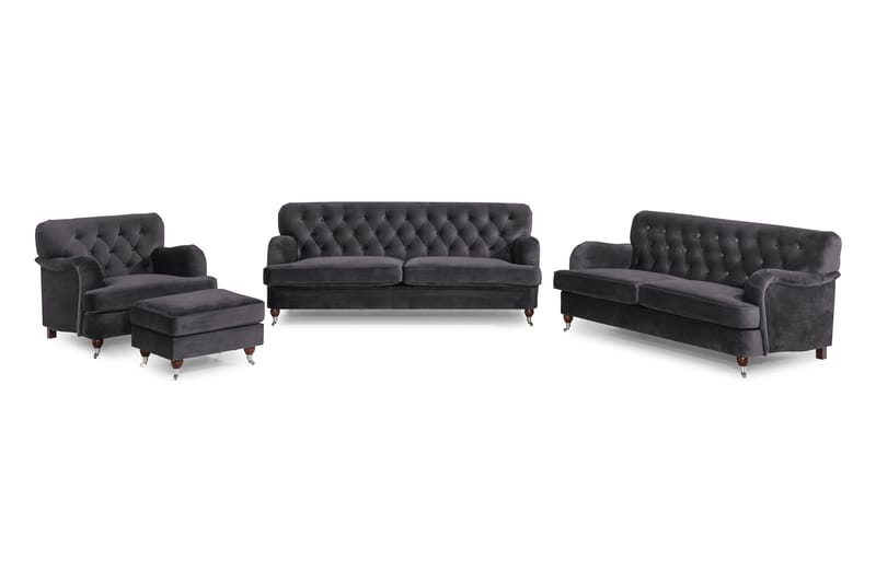 Howard Riviera Soffgrupp 3-sits + 2-sits Soffa + Fåtölj + Fotpall i Sammet - Mörkgrå - Möbler - Soffa - Soffgrupp - Howard soffgrupp