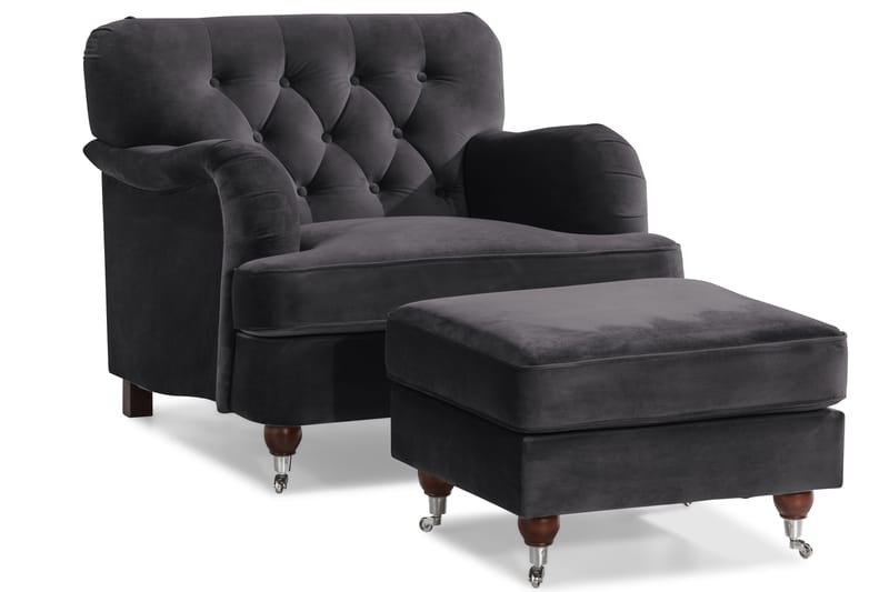 Howard Riviera Soffgrupp 3-sits + 2-sits Soffa + Fåtölj + Fotpall i Sammet - Mörkgrå - Möbler - Soffa - Soffgrupp - Howard soffgrupp