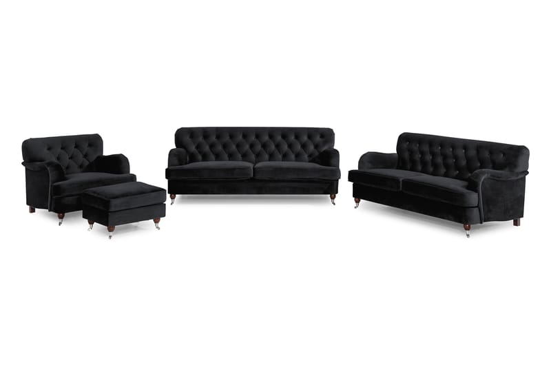 Howard Riviera Soffgrupp 3-sits + 2-sits Soffa + Fåtölj + Fotpall i Sammet - Svart - Möbler - Soffa - Soffgrupp - Howard soffgrupp