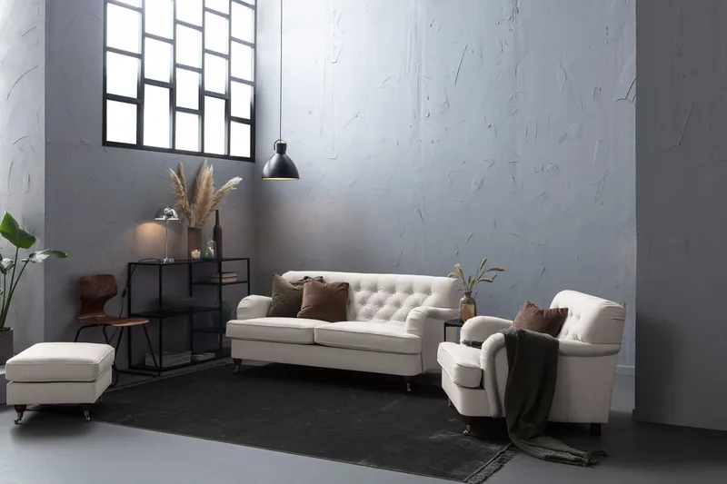 Howard Riviera Soffgrupp 3-sits + 2-sits Soffa + Fåtölj + Fotpall i Tyg - Ljusgrå - Möbler - Soffa - Soffgrupp - Howard soffgrupp