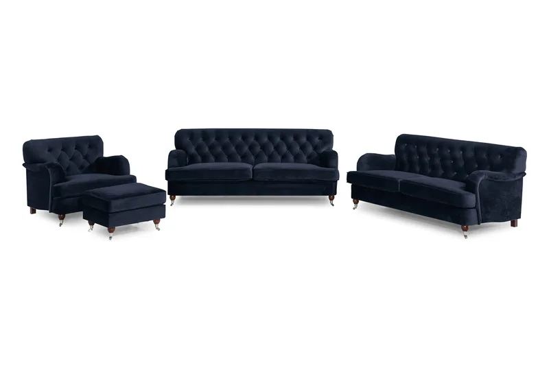Howard Riviera Soffgrupp 3-sits + 2-sits Soffa + Fåtölj + Fotpall i Sammet, Blå