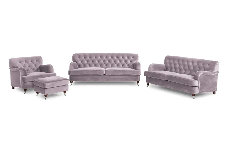 Howard Riviera Soffgrupp 3-sits + 2-sits Soffa + Fåtölj + Fotpall i Sammet, Lila