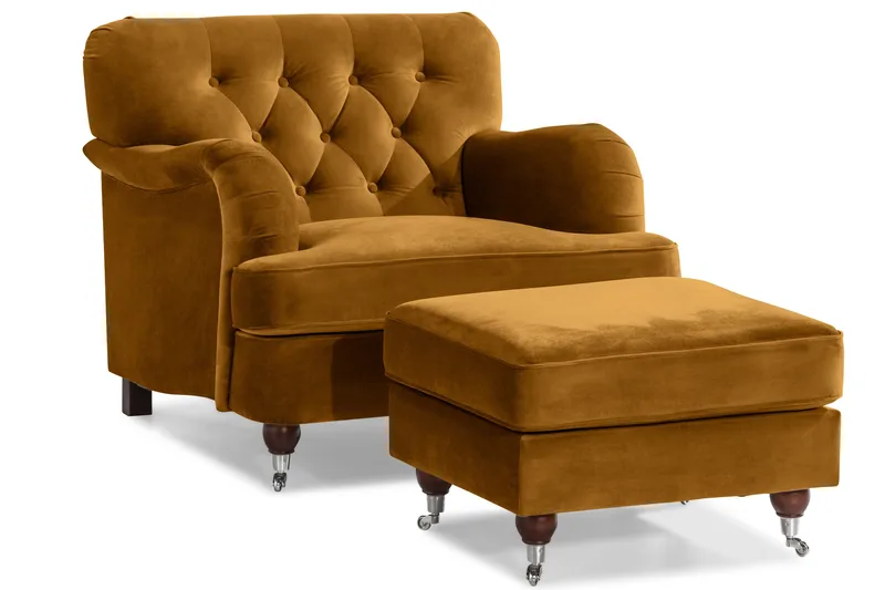 Howard Riviera Soffgrupp Svängd 3-sits + 2-sits Soffa + Fåtölj + Fotpall i Sammet - Mörkgul - Möbler - Soffa - Soffgrupp - Howard soffgrupp