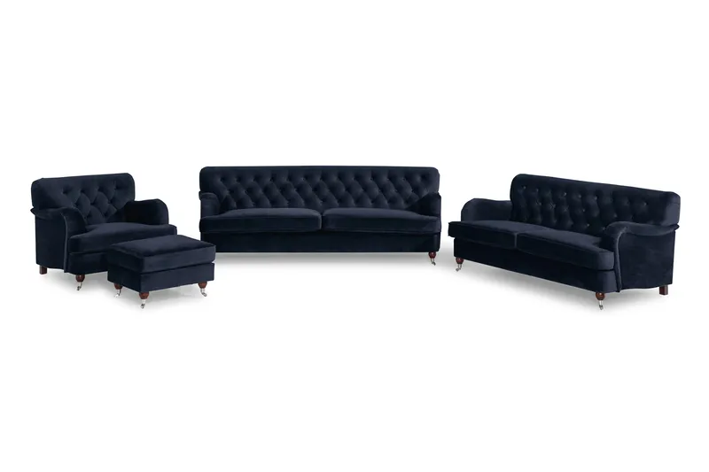 Howard Riviera Soffgrupp Svängd 3-sits + 2-sits Soffa + Fåtölj + Fotpall i Sammet, Blå