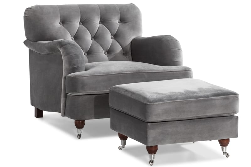 Howard Riviera Soffgrupp Svängd 3-sits + 2-sits Soffa + Fåtölj + Fotpall i Sammet - Ljusgrå - Möbler - Soffa - Soffgrupp - Howard soffgrupp