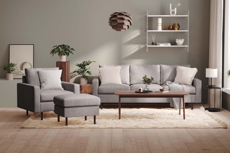 Peppe Soffgrupp 3-sits Soffa + Fåtölj + Fotpall i Manchester - Grå - Möbler - Soffa - Soffgrupp