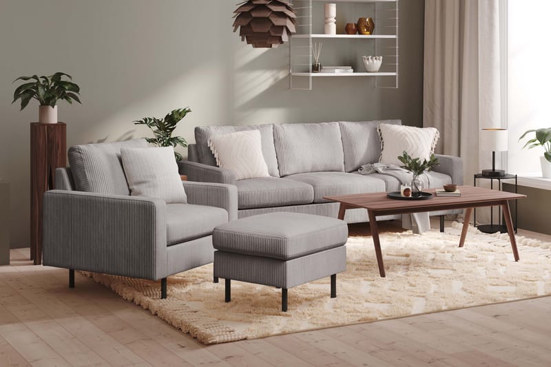 Peppe Soffgrupp 3-sits Soffa + Fåtölj + Fotpall i Manchester - Grå - Möbler - Soffa - Soffgrupp