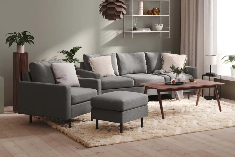 Peppe Soffgrupp 3-sits Soffa + Fåtölj + Fotpall i Tyg - Ljusgrå - Möbler - Soffa - Soffgrupp