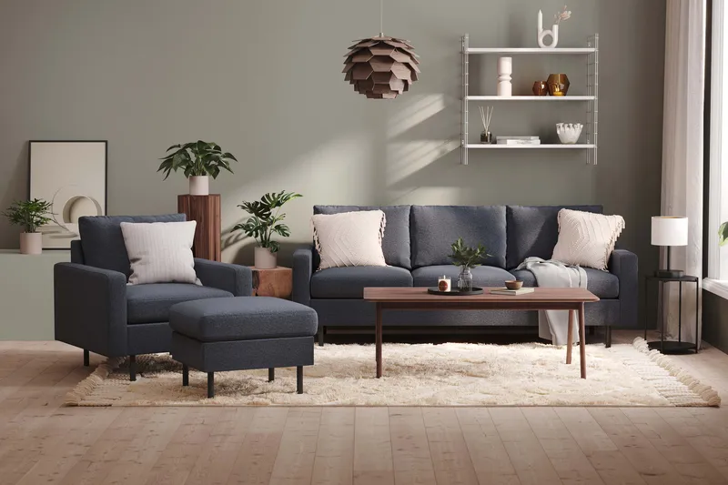 Peppe Soffgrupp 3-sits Soffa + Fåtölj + Fotpall i Tyg - Mörkgrå - Möbler - Soffa - Soffgrupp