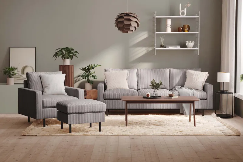 Peppe Soffgrupp 3-sits Soffa + Fåtölj + Fotpall i Manchester - Grå - Möbler - Soffa - Soffgrupp
