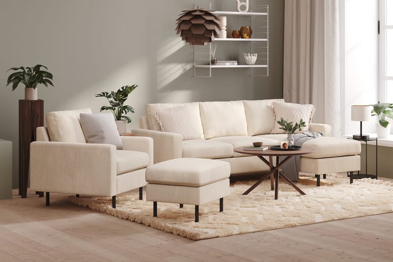 Peppe Soffgrupp 3-sits Vändbar L-formad Divansoffa + Fåtölj + Fotpall i Manchester - Beige - Möbler - Soffa - Soffgrupp