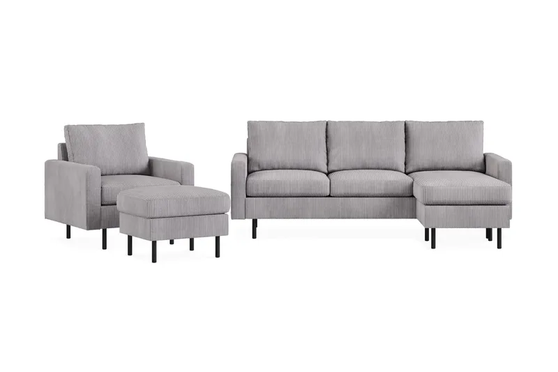 Peppe Soffgrupp 3-sits Vändbar L-formad Divansoffa + Fåtölj + Fotpall i Manchester, Mörkgrå