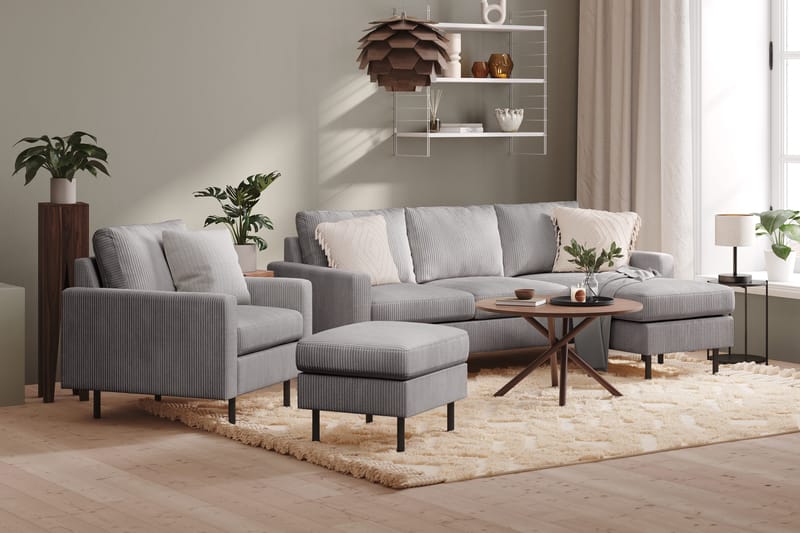 Peppe Soffgrupp 3-sits Vändbar L-formad Divansoffa + Fåtölj + Fotpall i Manchester - Mörkgrå - Möbler - Soffa - Soffgrupp