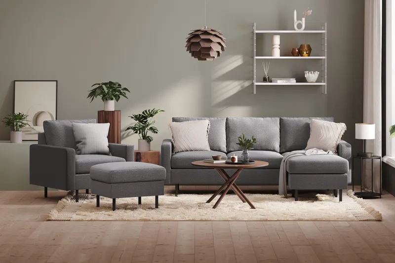 Peppe Soffgrupp 3-sits Vändbar L-formad Divansoffa + Fåtölj + Fotpall i Tyg - Ljusgrå - Möbler - Soffa - Soffgrupp