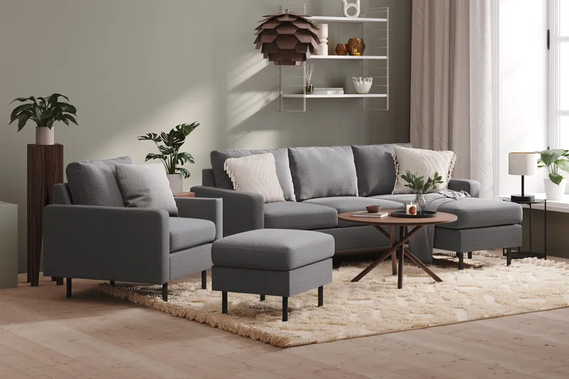 Peppe Soffgrupp 3-sits Vändbar L-formad Divansoffa + Fåtölj + Fotpall i Tyg - Ljusgrå - Möbler - Soffa - Soffgrupp