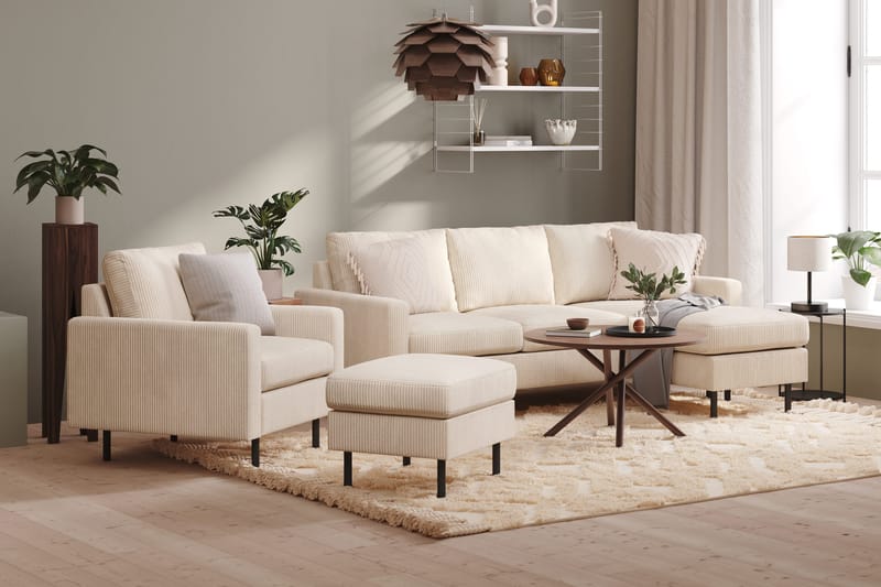 Peppe Soffgrupp 3-sits Vändbar L-formad Divansoffa + Fåtölj + Fotpall i Manchester - Beige - Möbler - Soffa - Soffgrupp
