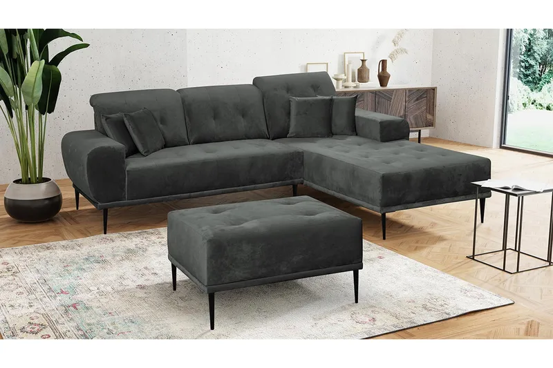 Rapale Soffgrupp Höger med Fotpall - Sammet/Ljusgrå/Svart - Möbler - Soffa - Soffgrupp