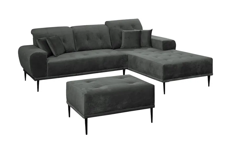 Rapale Soffgrupp Höger med Fotpall, Sammet/Ljusgrå/Svart