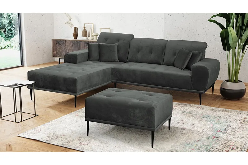Rapale Soffgrupp Vänster med Fotpall - Sammet/Ljusgrå/Svart - Möbler - Soffa - Soffgrupp